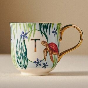 NWT Anthropologie Lou Rota Monogram Nature Mug Letter T Turtle